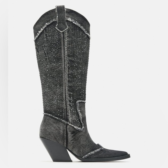 Zara Rhinestone Denim Cowboy Boots - Picture 1 of 10